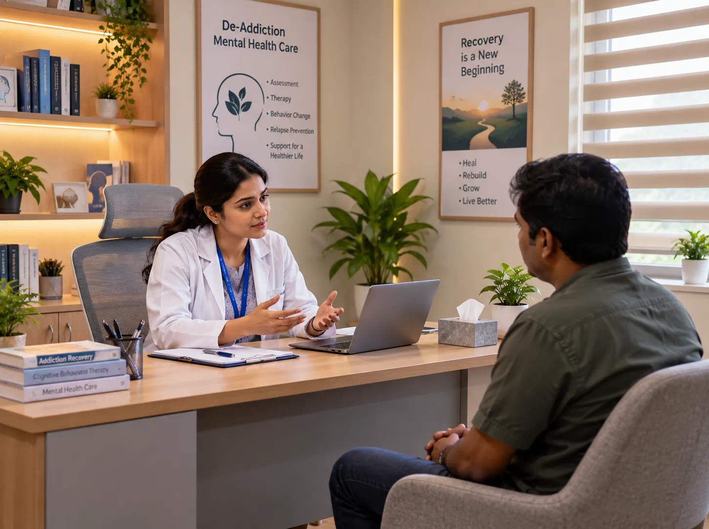 Empathetic de-addiction consultation between Indian psychiatrist and patient in clinic
